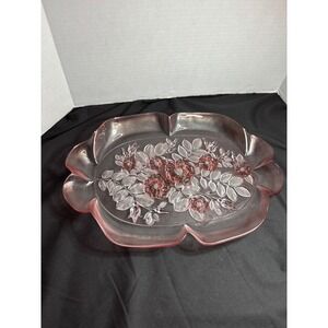 Vintage Pink Glass Floral Plate Serving Tray‎ Platter Embossed Flowers